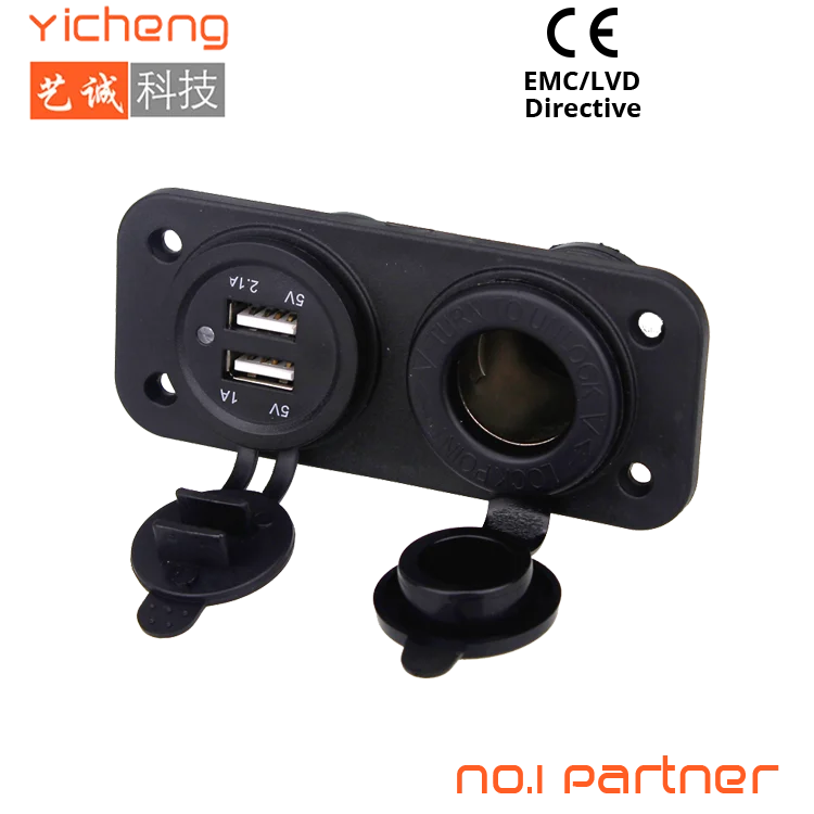 DC 12V 24V Dual USB Panel Mount Socket Car Cigarette Lighter for Mobile Phone
