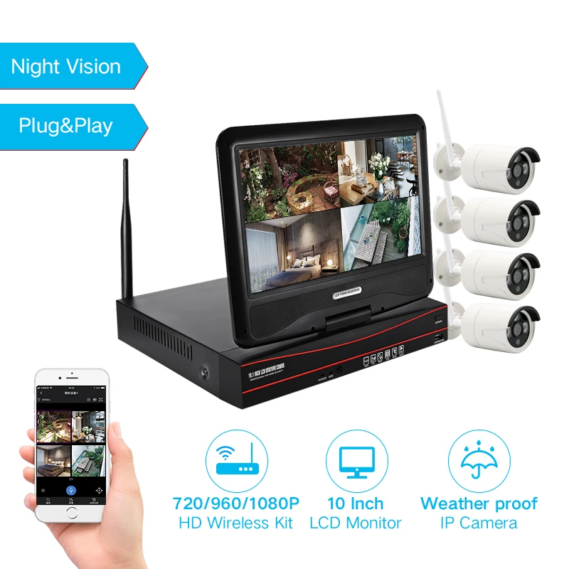  Vesafe домашней безопасности H.265 4CH 1080P Wi-Fi камеры видеонаблюдения комплект с 10 дюймов ЖК-монитор CCTV домашняя камерная