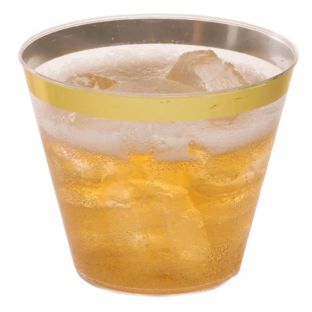 9 Oz  Gold rim Clear Plastic Cups Old Fashioned Tumblers Gold Rimmed Cups Fancy Disposable Wedding Cups