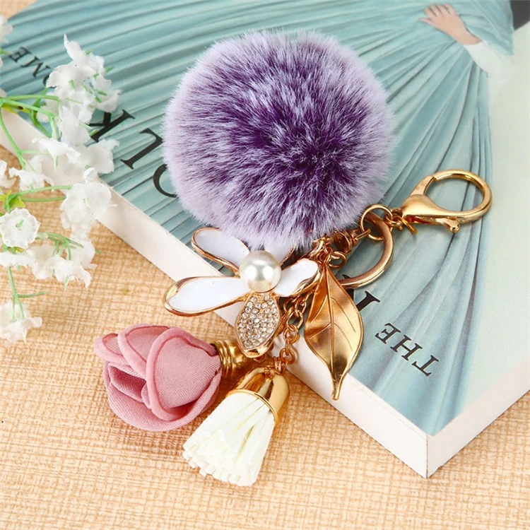 Korean Style Lovely Crystal Rhinestone Flower Bag Charm Fur Ball Keyring Fluffy pom pom Fur Ball Pendant Keychain