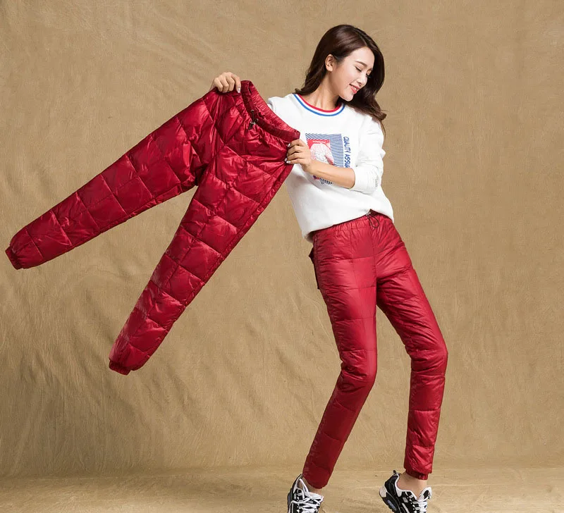 Custom logo outdoor nylon long winter white duck down filled pants women