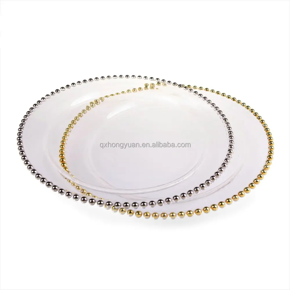 Wholesale Wedding Clear Silver Gold Beaded Glass Charger Plates