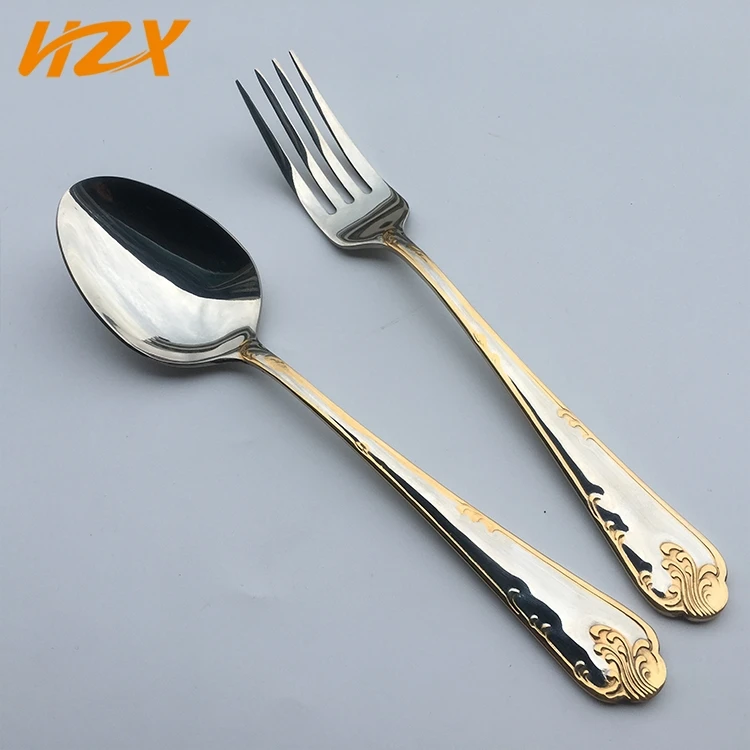Modern Middle  gold Wedding Spoon Fork cubiertos dorados acero inox Stainless Steel Flatware Royal Vintage Style Cutlery Set