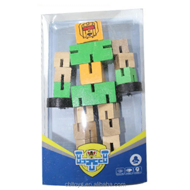 Educational toy wooden rubber band elastic transformation robot blocks for kids CBL3196