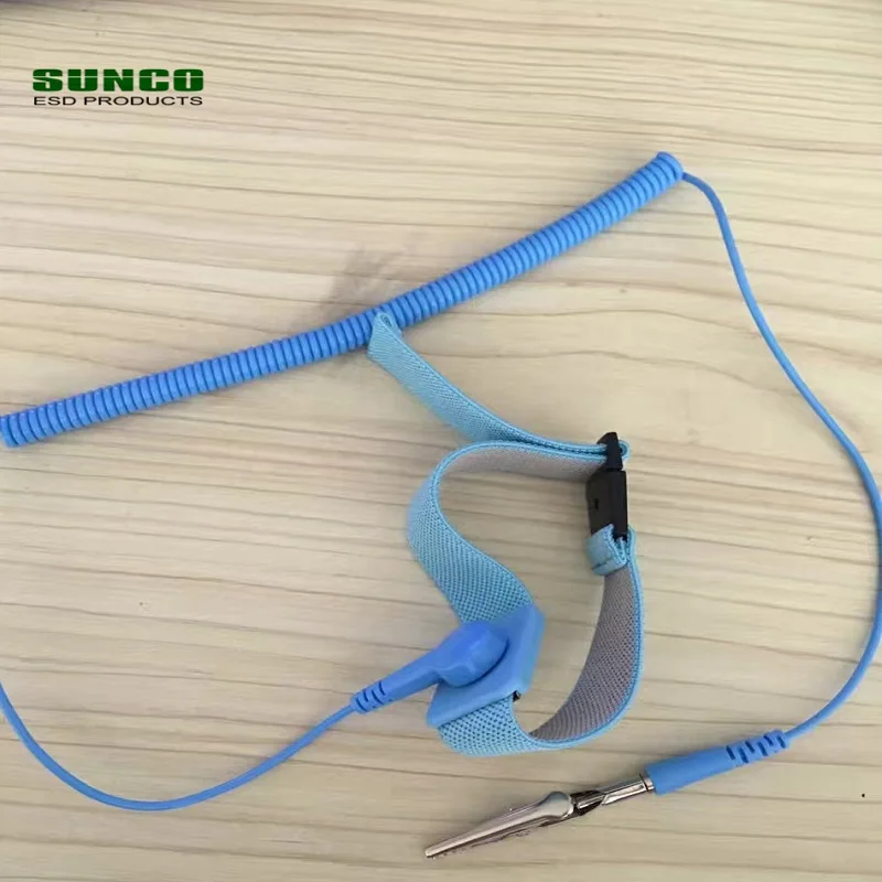 Elastic fabric conductive wrist strap with 1.8m coil cord and banana plug