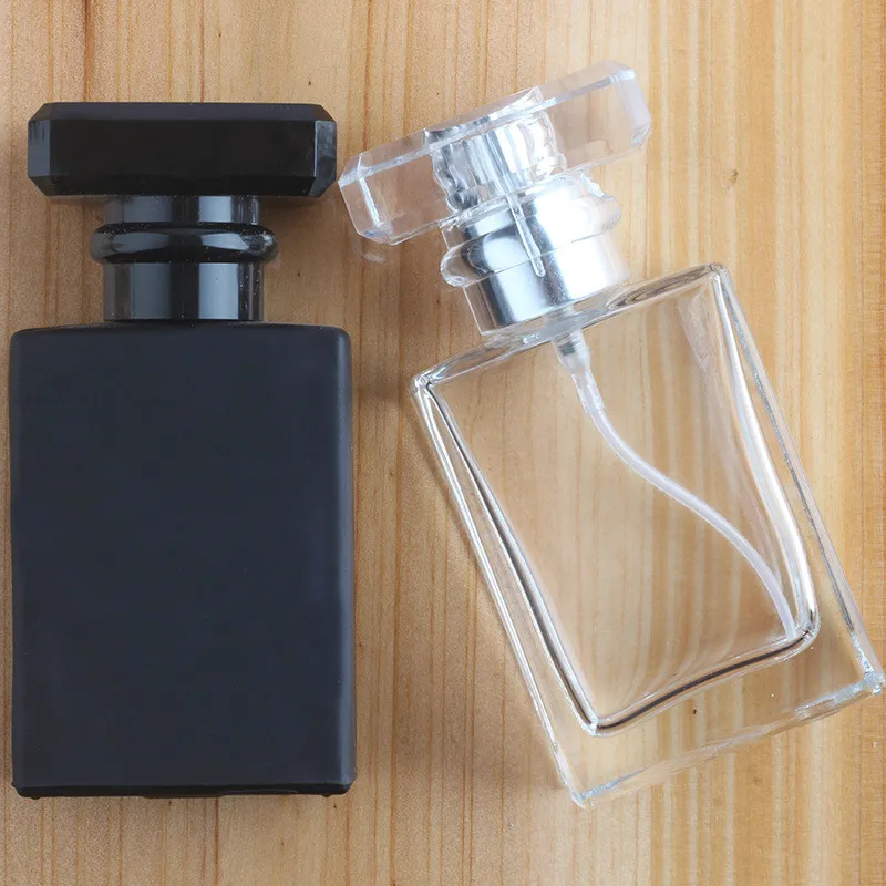
Luxury cosmetics packaging refillable clear black square perfume glass spray atomizer bottle 30ml 