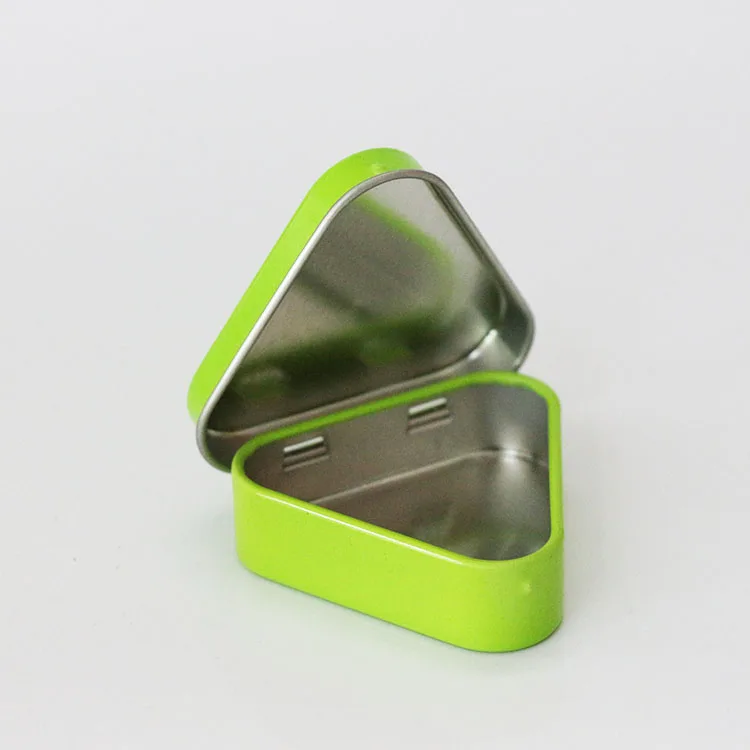 First class food safe small candy mint tin box with hinged lid in triangle shape