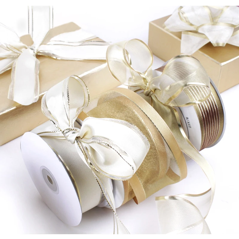 
New Arrived Luxury Gold Series Decorative Wired Organza Ribbon Rolls 