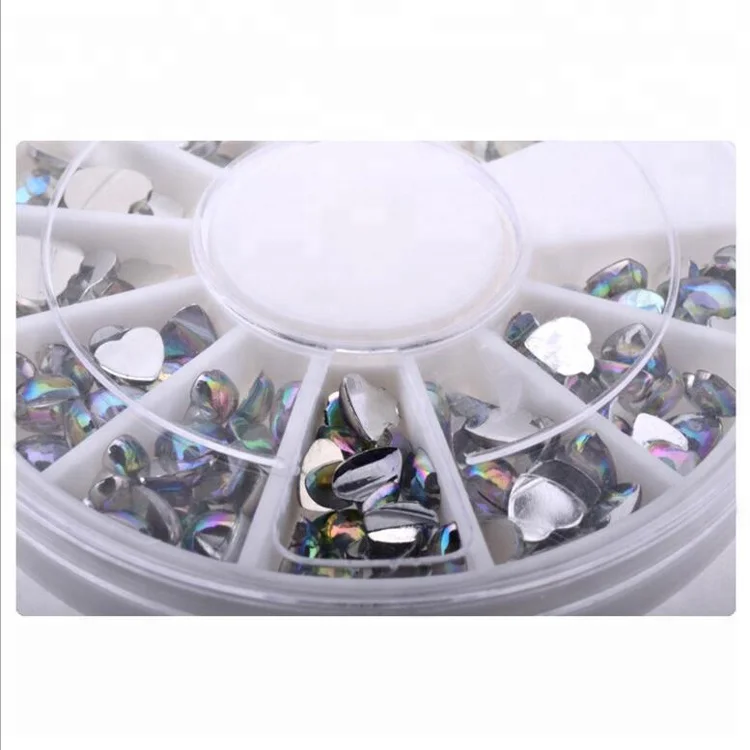 Mixed Size White AB Flat Back Nail Art Heart Acrylic Rhinestone Decoration Stickers With Wheel Box