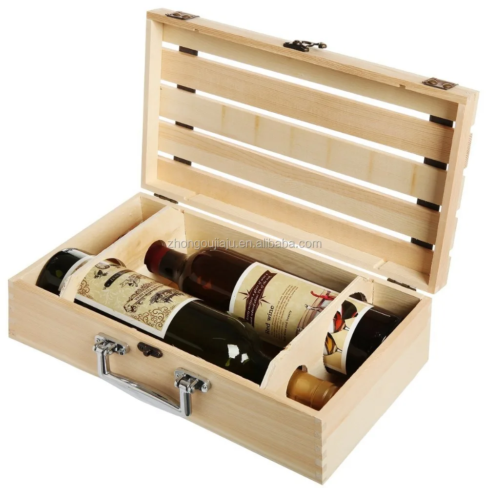 Natural Wood Crate 2 Wine Bottle Travel Storage Box / Display Case