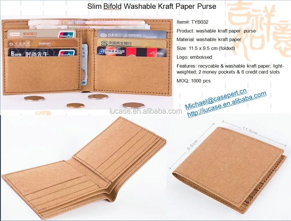 Casepert Slim Bifold Washable Kraft Paper Purse with Zipper Coin Pocket Washable Kraft Paper Wallet