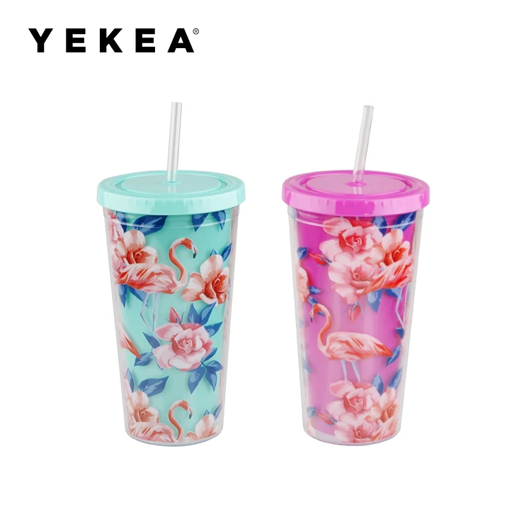 Factory Price 20 Oz Custom Printed Double Walled Acrylic Plastic Drinking Tumbler With Straw