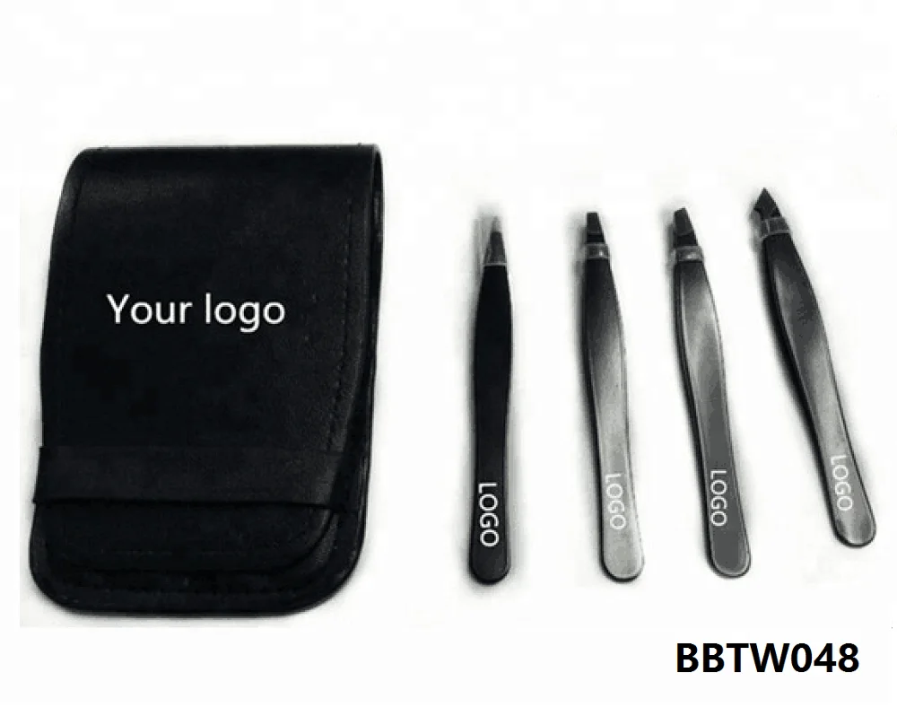 Pink Cosmetic Eyebrow Tweezers in Travel Pouch, 3Pcs Stainless Steel Eyebrow Care Slant Point Flat Tip Tweezers Gift Set