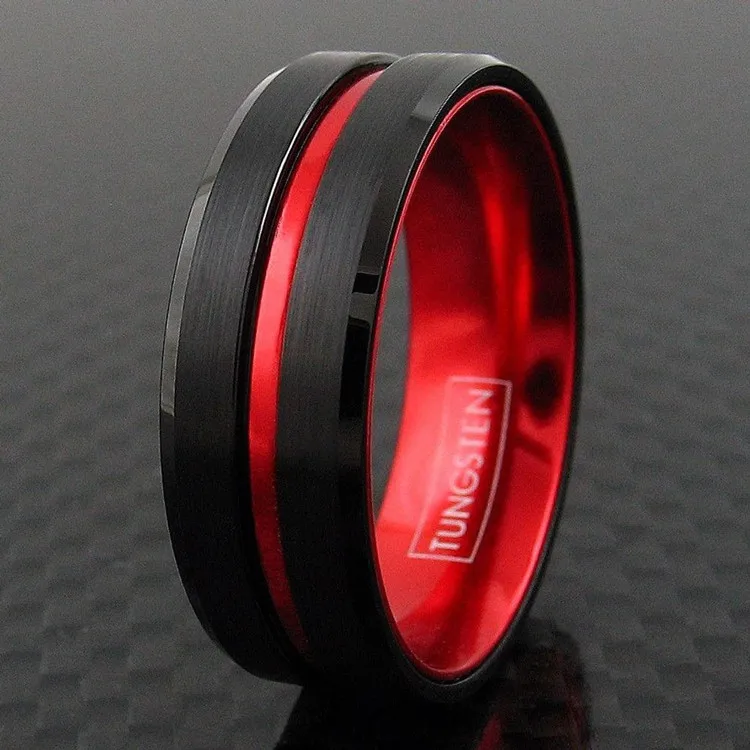 Thin Red Line Band Custom FREE Engraved Tungsten Ring Red Personalize 6mm/8mm Brush