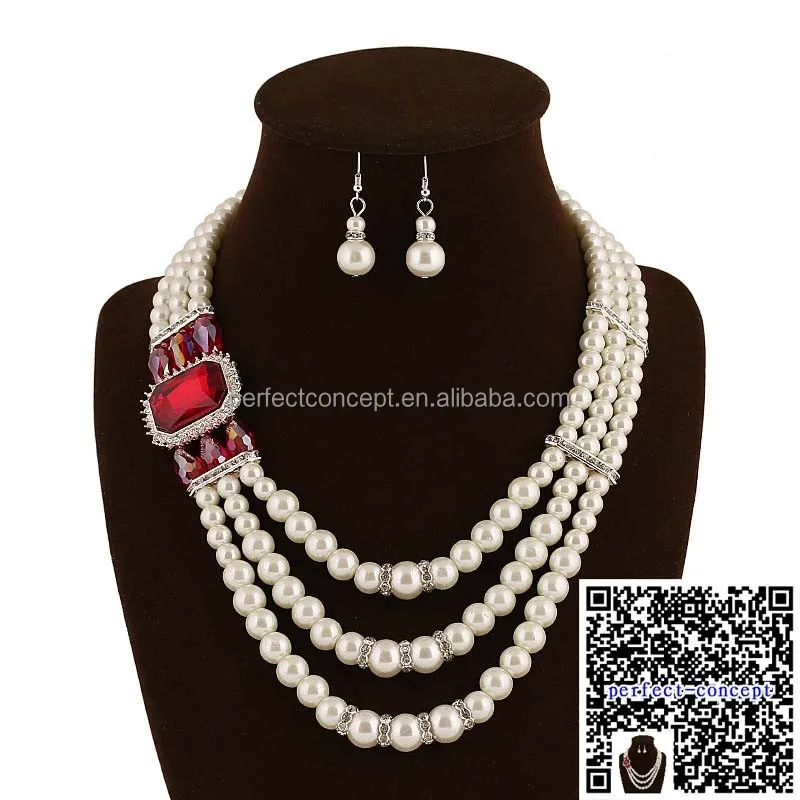 rectangle crystal pearl necklace and earring 3 rows pearl necklace women artificial jewelry