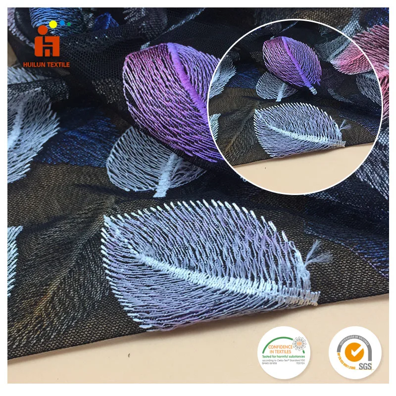 Popular colorful leaves plain embroidery african lace fabric skull for garment