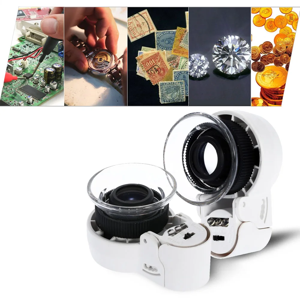 45X Zoom Adjustable Loupe Magnifier Magnifying Glass with LED Light and UV Light for Jewelry Antiques Gems Stamps Currency
