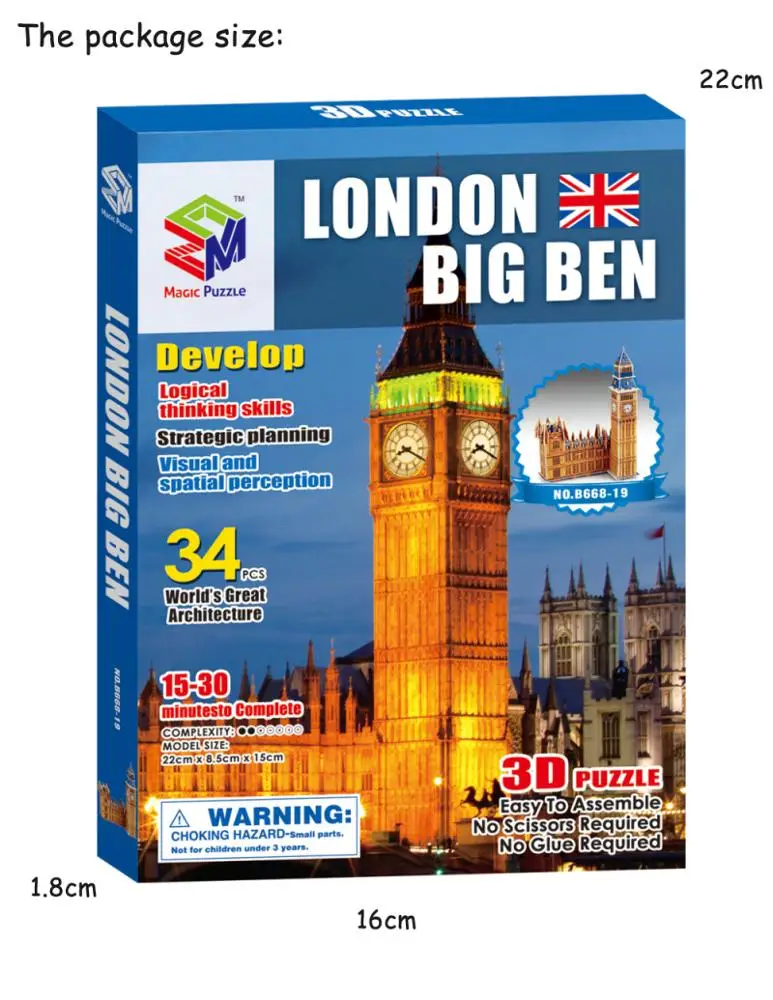 High Quality 3D Jigsaw Puzzles Toys London Big Ben Building Puzzles 3D Space model Puzzle Toys For Children and Adults