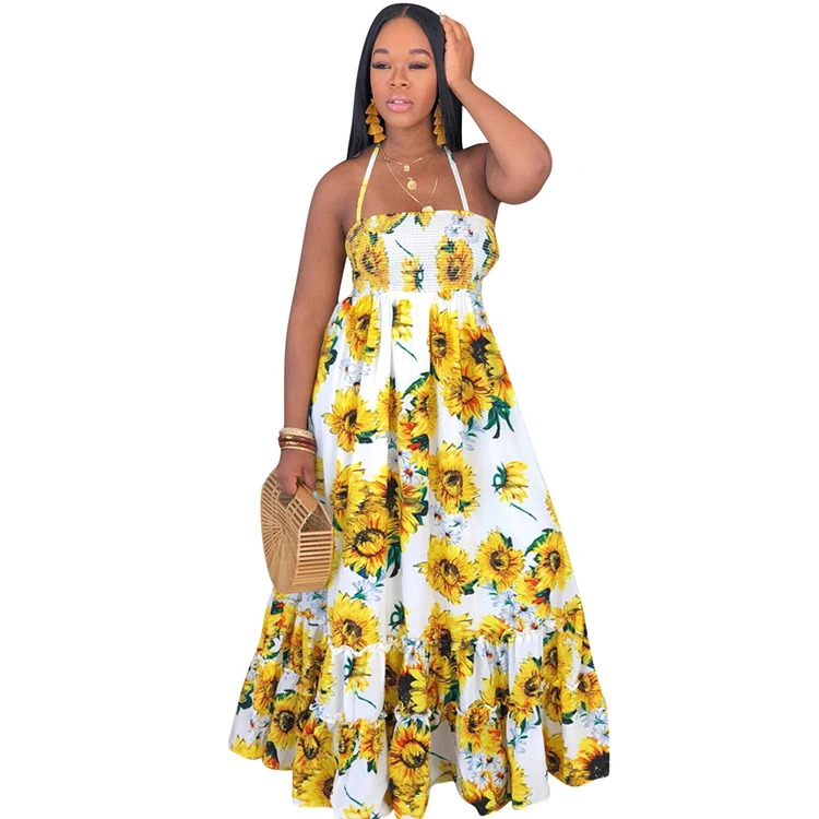 
2019 Halter Sexy African Ladies Summer Sun Flower Print Maxi Dresses Women Beach Casual Long Sun Dress 