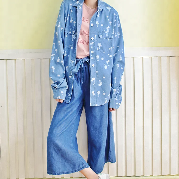 
Young ladies 100% cotton chambray casual long sleeves shirt , loose fit blouses 