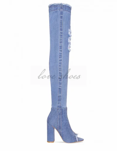 denim boots Over the knee Cut-out women Long Boots High Heels Sexy Thigh High Boots Jeans Denim Rome peep toe Sandal