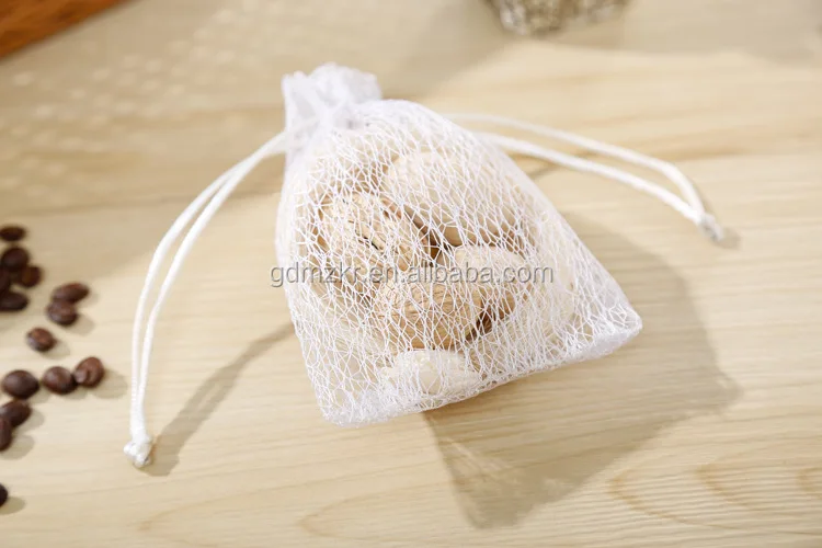 China factory promotional white cotton nylon mesh drawstring raschel bag for dry fruit storage