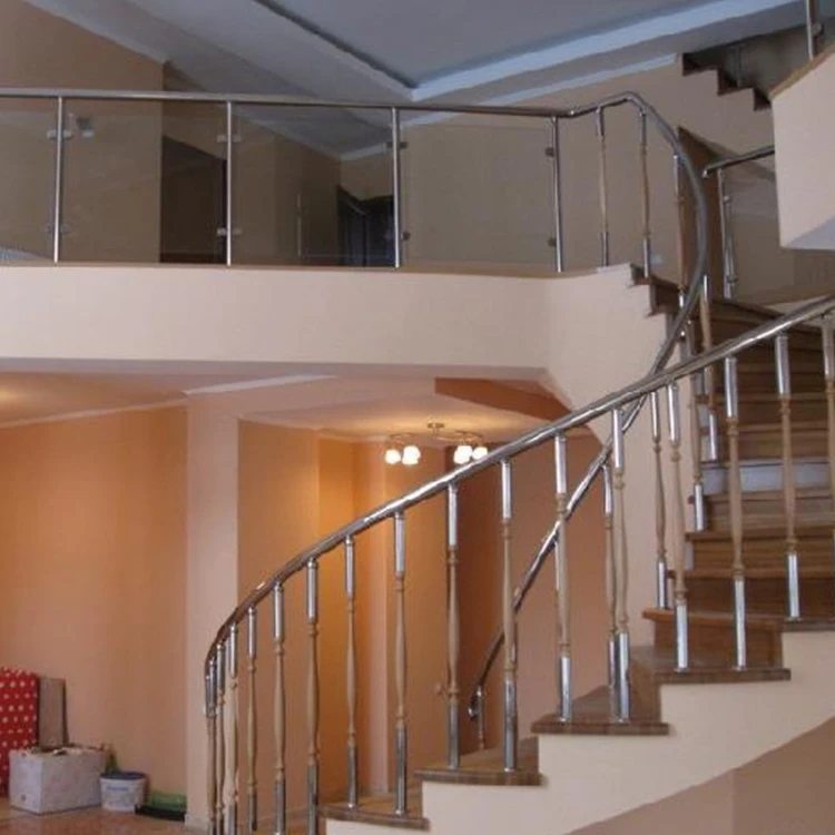 stainless steel interior curved glass wood stairs /punched hole metal railing/laminated glass glass stairs