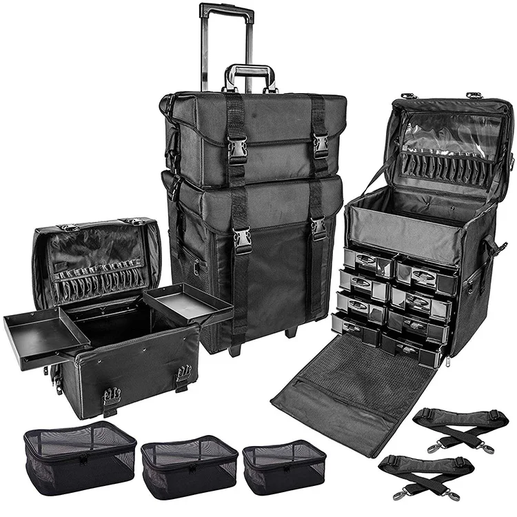 Professional Beauty Salon Box Hairstyle Cosmetic Case 2 in 1 makeup nylon trolley case with Wheels Black