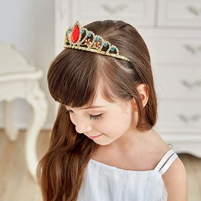 Gold Tiara Red Teardrop and Blue Crystal Decor Headband Rhinestone Crown Use for Princess Costume Girls Birthday Gift
