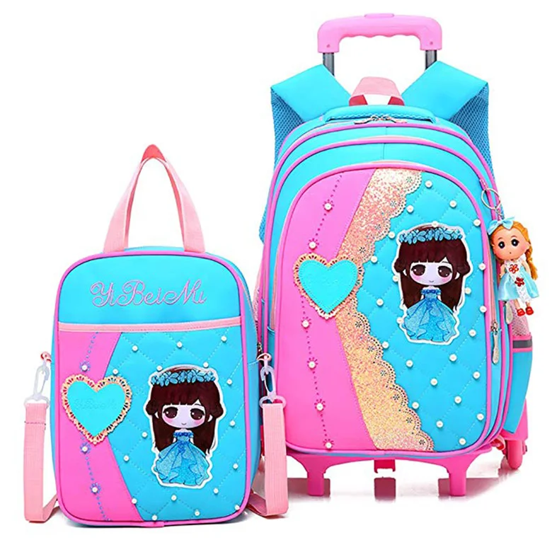 Hot item 6 wheels polyester detachable backpack lace pearl decor princess girl trolley school bag