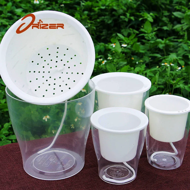 Factory direct sale self watering lazy round transparent ornamental plastic flowerpot
