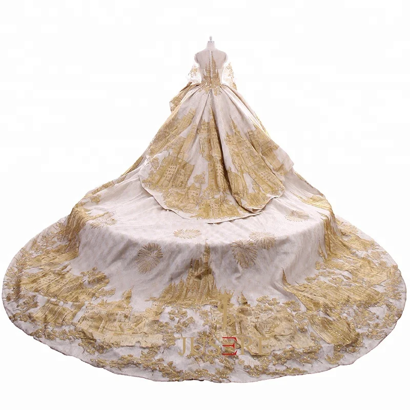 Charming Luxury Middle East Muslim Gold Ball Gown Castle Wedding Dresses Bridal Gown With Long Train in Turkey Dubai