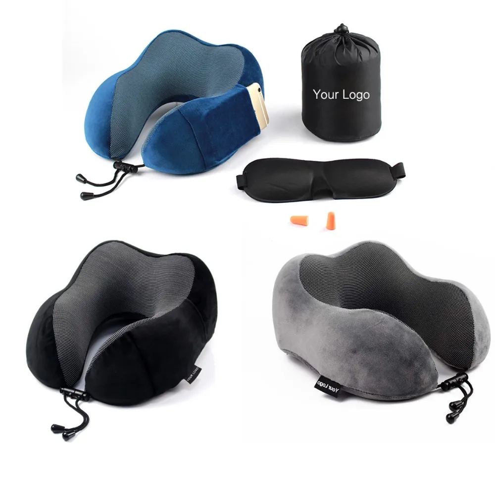 U shape airplane folding travel support with eye mask customize memory foam neck travel pillow