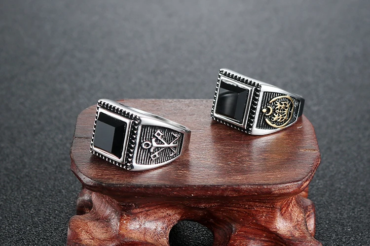 Дунгуань Фабрика золото и серебро двухцветный якорь из нержавеющей стали мужское кольцо байкер с черным кубическим цирконием