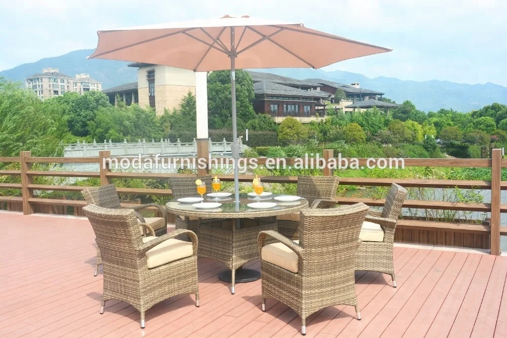 Moda уличный Плетеный Круглый садовый набор мебели стеклянный обеденный стол и стулья