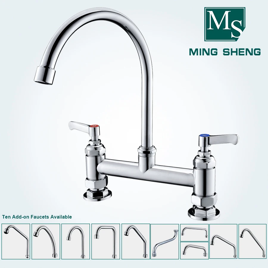 Chrome Deck Mount Dual Lever Handle Gooseneck Kitchen Workboard Sink and Pantry Mixer Faucet Tap with Swing Nozzle