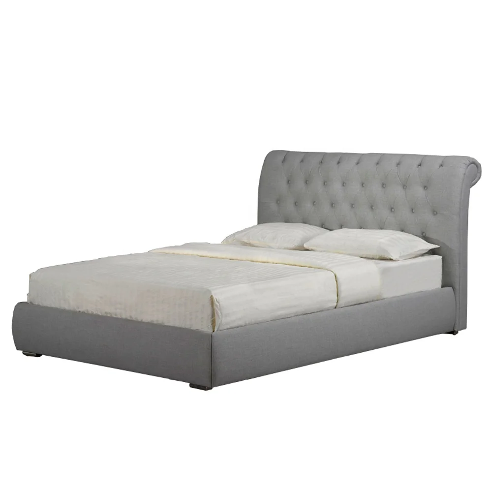 
 Деревянная двухместная кровать с мягким изголовьем и отделкой для хранения  