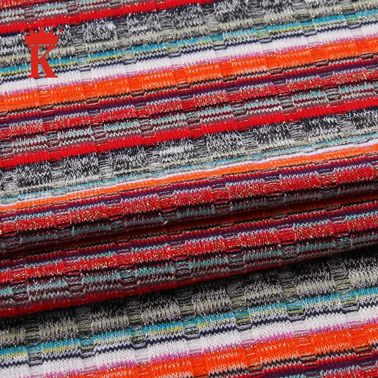
Beautiful colorful 60%terylene 30%rayon 5%spandex plain strip rib knitted metallic fabric 