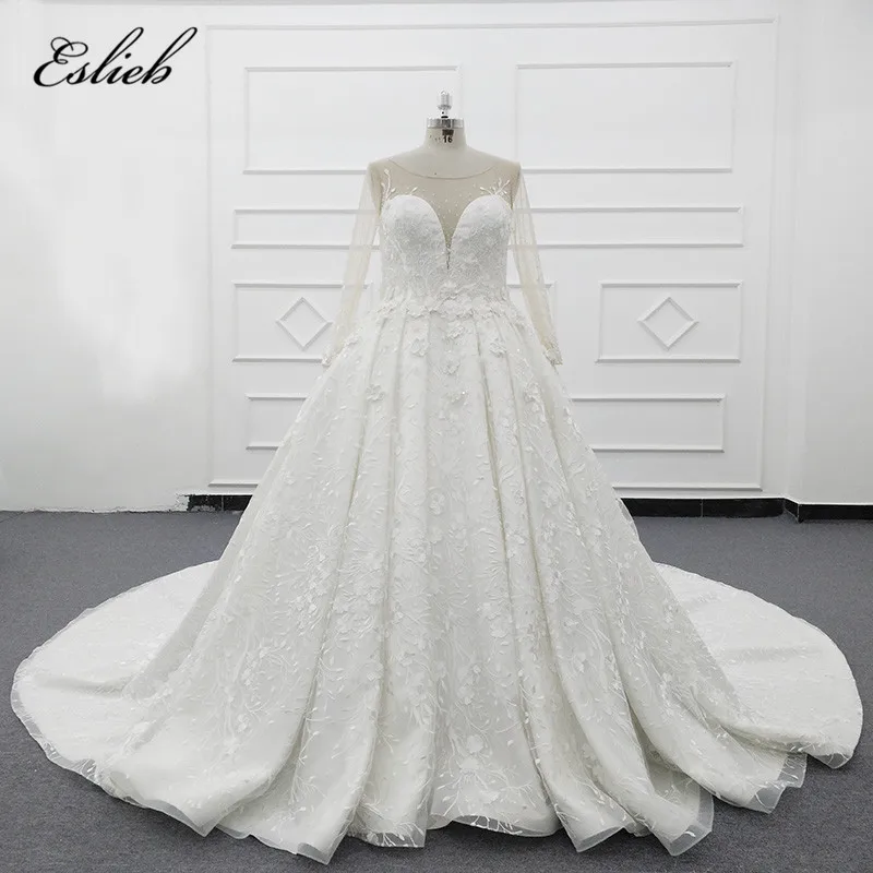 Eslieb dimensional crystal flowers ball gown bridal dress plus size luxurious sheer long sleeves Muslim wedding dresses