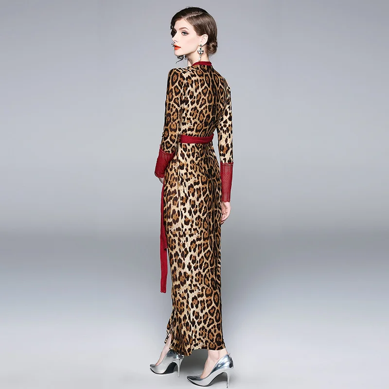 
European and American Women Fashion Red Lace Patchwork Open Stitch Sexy Leopard Maxi Dress 