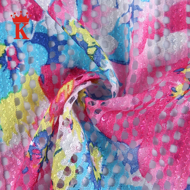 
rainbow colorful flower net printed 100% polyester 3d mesh fabric 