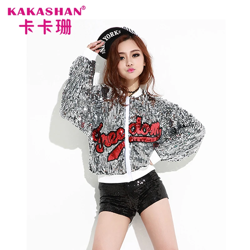 
Long Sleeve Top Hip Hop Dance Costumes Bomber Jacket Sequin Coats 