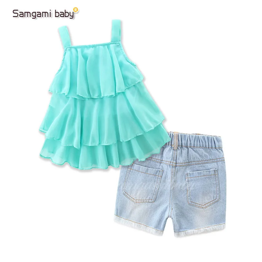 Children wear off shoulder ruffles chiffon blouse and jean shorts 2pcs clothing set