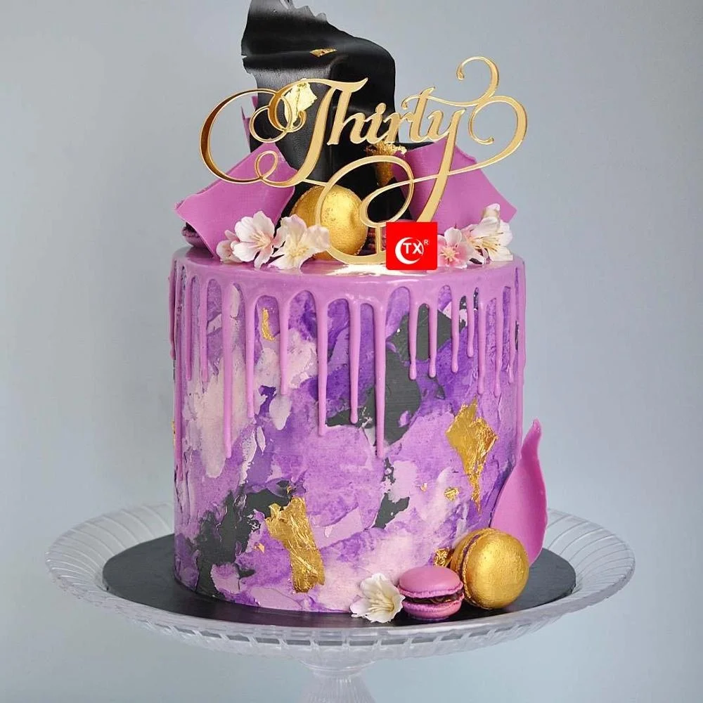 
TX Personalized Happy Birthday Anniversary Thirty Mirror Gold, Black Acrylic Cake Topper For Party Decoration 