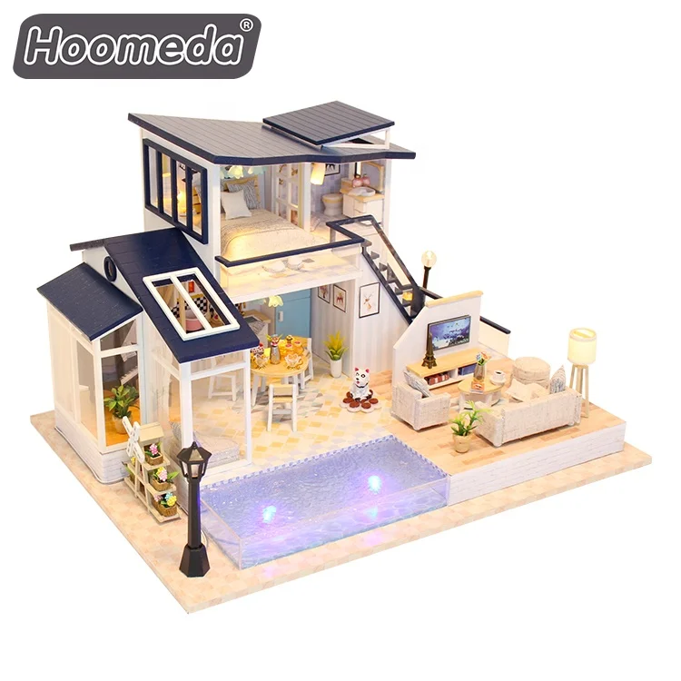 Hoomeda craft wooden doll house diy miniature Dollhouse with led light