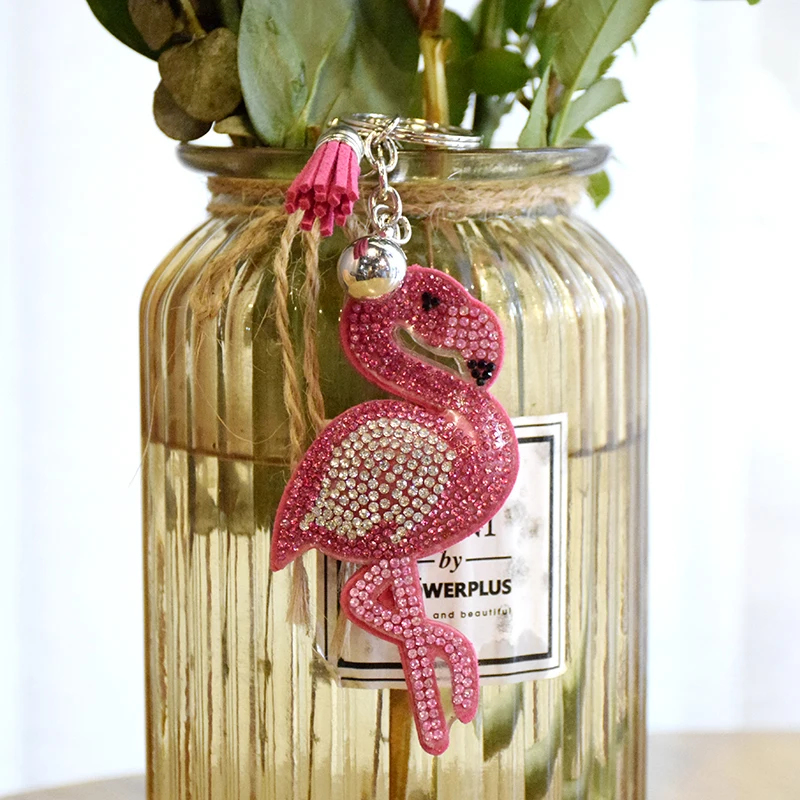 LOCACRYSTAL Brand Rhinestone Flamingo Shaped Leather Keychain with Tassel
