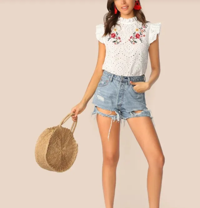 Beaty embroidered top ruffle trim top floral eyelet top