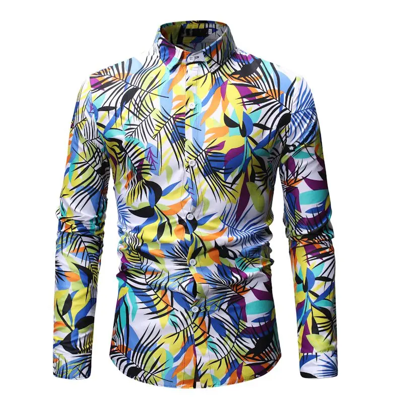 Men Hawaiian Shirt Long Sleeve Floral Print Mens Dress Formal Shirts  Men Casual Slim Fit Tops Shirt M-3L
