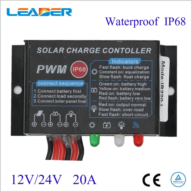 PWM 20A IP68 Waterproof Solar Charge Controller 12V 24V LED Display CE ROHS Solar Panel Charge Regulator