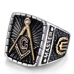 Vintage Two -tone AG Masonic freemason  Biker Gold Ring Stainless Steel Demolay Silver Ring With White CZ